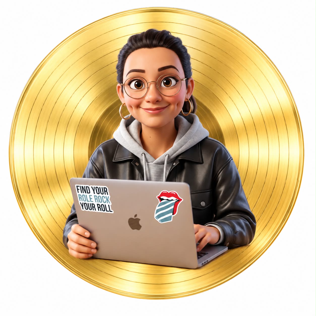 Projektmanagerin bei Rock Your Role, mit Laptop vor einer goldenen Schallplatte